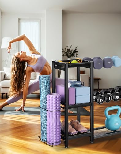 FHXZH 3-Tier Dumbbell Rack Stand Only - Adjustable Weight Rack for Home Gym, Heavy-Duty Weight Stand for Dumbbells Kettlebells Foam Roller Yoga Mats, Workout Equipment Storage Organizer With Hooks