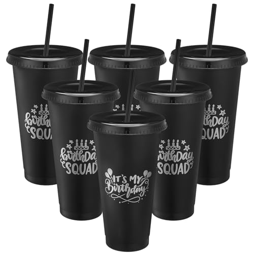 Jingmore Birthday Squad Tumblers 24 oz Party, Black, Silver Words, 6 Pcs