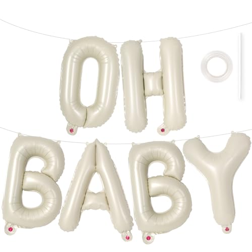 YOTHORN Cream Oh Baby Balloons - 16 Inch White Letters for Baby Shower Gender Reveal Decorations Backdrop Sign