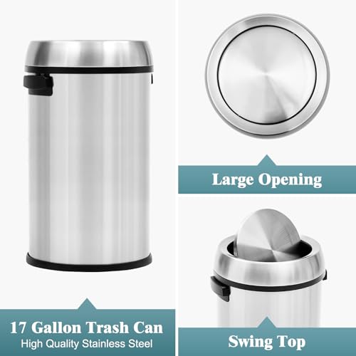 Image of GAOMON 65L /17Gal Heavy Duty Brushed Stainless Steel Outdoor Trash Can, Large Kitchen Round Swing Top