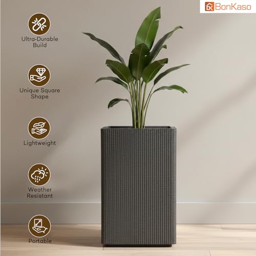 Image of BonKaso 18 Inch Rolex Tower Planter for Indoor & Outdoor Use | Tall Square Heavy Duty Polymer Flower Pot | Weather Resistant Modern Planter for Living Room, Balcony, Terrace & Office Decor (Dark Gey)