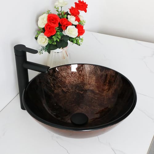 Lofeyo Small Bathroom Sink 17\" Brown Glass Vessel Sink With Faucet And Drain Combo Modern Round Shape Artistic Basin Bathroom Vessel Sinks Above Counter Small 5\" Deep Vessel Sinks LOF-BL33558