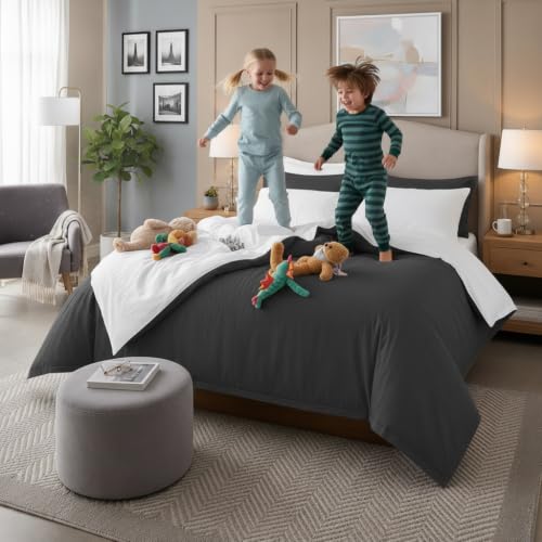 Image of Duvet Cover King Size Bed (92x110 Inch) 1 Duvet Cover + 4 Pillow Covers with Zipper 600 TC Cotton Reversible Luxurious Quilt, Comforter, Rajai, Blanket Cover (White /Dark Grey)