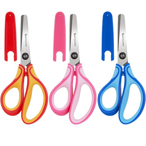 GAIFONGRE 6' Left Handed Scissors for Kids Ages 5-12 - 3 Pack Blunt Tip Safety Stainless Steel School Scissors with Cover, Comfort Soft Grip for Children Teacher Classroom Crafting