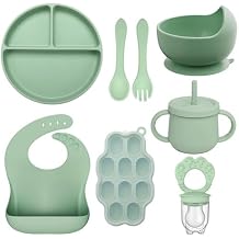 8 PCS Baby Feeding Set - Suction Plate, Bowl, Bib, Spoon, Fork, Fruit Feeder & Food Freezer Tray for Babies.