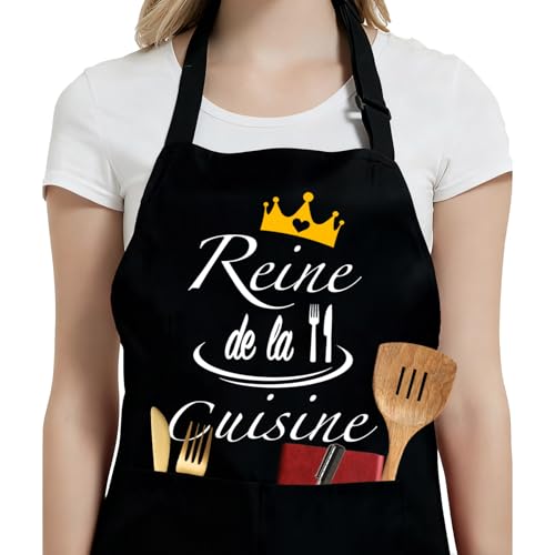 RYIRXI Tablier de Cuisine Femme Noir, Tablier Cuisine Personnalisé Humour Rigolo Impermeable Femme Maman Cadeau, Tabliers Barbecue Professionnel Drole Reine...