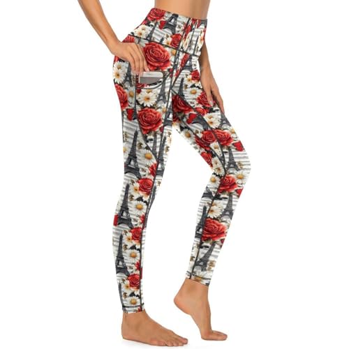 Legging de yoga taille haute rose imprimé Tour Eiffel avec poches