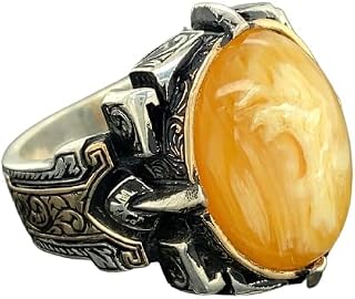 Men Silver Ring, Oval Amber Stone Ring, Natural Honey Amber Gemstone, Embroidered Ottoman Jewelry