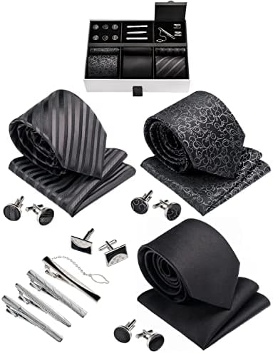 Premium Menโs Gift Tie Set Silky Necktie Pocket Squares Tie Clips Cufflinks F...