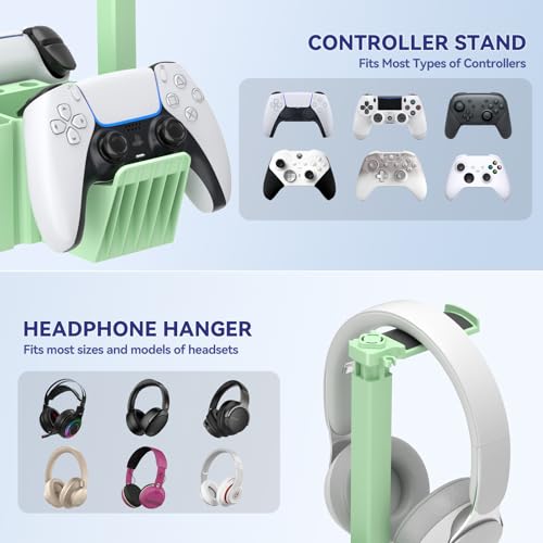 KDD Soporte Mando PS5 con Soporte Auriculares Gaming, Universal Soporte Cascos y Mando, Multifuncional Organizador Gaming Mesa para Xbox One PS4 Nintendo Teléfono Switch Accesorios Juegos PC, Verde - imagen 3
