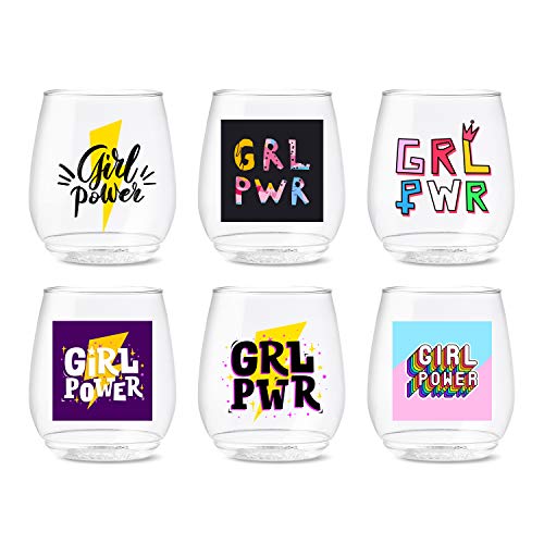 TOSSWARE POP 14oz Vino Girl Power Series SET OF 6 Recyclable Unbreakable Crystal Clear Plastic Printed Glasses