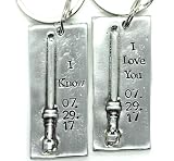 I Love You I Know, personalized valentines gift, anniversary Hand Stamped Keychain Set with Lightsaber Charm date, Keychain, Couples (Customize)