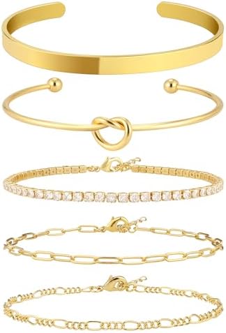 Gold Bracelet for Women Stack 14K Real Gold Plated Bangle Cuff Bracelet Set Gold Beaded Tennis Paperclip Cuban Link Chain Bracelets for Women Trendy Non Tarinish