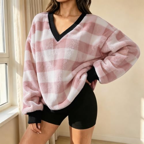 Pink Sweatshirt for Women Flannel Plaid V Neck Oversized Pullover Tops - image 5