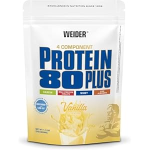 Weider Protein 80 Plus protéine en poudre, vanille, faible teneur en glucides, mélange de lactosérum de caséine multi-composants pour shakes protéinés, 500 g