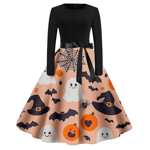 Vestido de graduación 2026, vestido de manga larga para mujer, otoño, talla grande, cuello redondo, dobladillo de fiesta, casual, estampado de Halloween, naranja, XXL