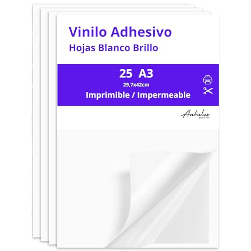 Vinilo Adhesivo Blanco BRILLANTE | 25 hojas A3 | Láminas adhesivas impermeables 42x29,7cm para impresoras inkjet y laserjet | Crea tus propias etiquetas adhesivas