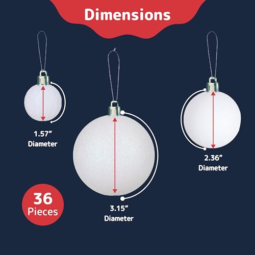Prextex Christmas Ball Ornaments for Christmas Decorations (White) | 36 pcs Xmas Tree Shatterproof Ornaments with Hanging Loop for Holiday, Wreath and Party Decorations (Combo of 6 Styles in 3 Sizes) - Thumbnail 3