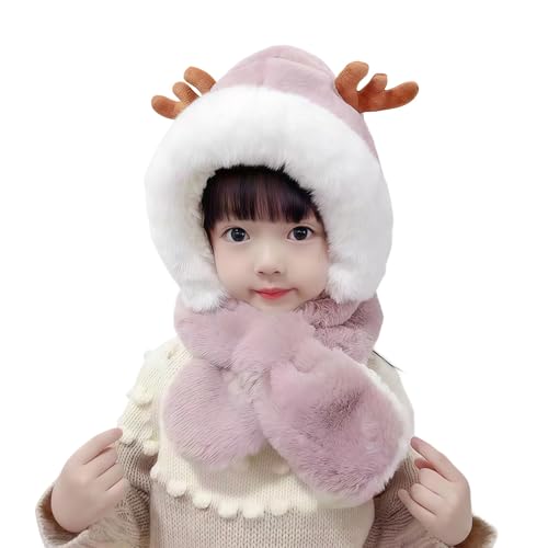 Girls Winter Cute Reindeer Beanie Faux Fur Fleece Cap Windproof Hat Scarf