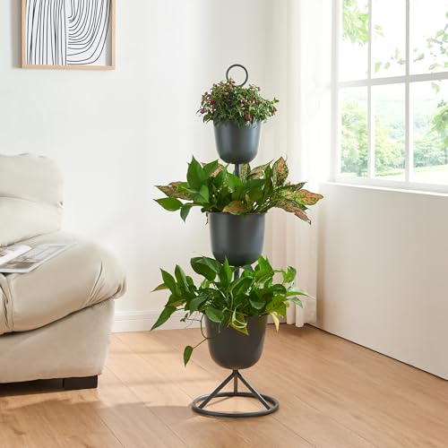 [en.casa] Stand Portapiante con 3 Vasi Piedistallo per Piante Supporto Espositore Piante Fiori Portapiante in Metallo - Nero