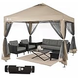 CROWN SHADES Gazebo 10x10 Pop Up Canopy with Mosquito Netting, Screen Tent with 4 Ropes, 8 Stakes, 4 Sandbags and Wheeled Storage Bag, Canopy for Patio & Backyard, Beige