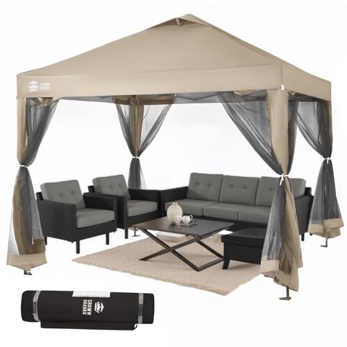 CROWN SHADES Gazebo 10x10 Pop Up Canopy with Mosquito Netting, Screen Tent with 4 Ropes, 8 Stakes, 4 Sandbags and Wheeled Storage Bag, Canopy for Patio & Backyard, Beige