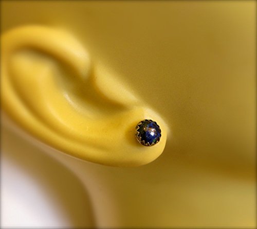 Earrings Studs Mens Black With Blue Lapis Gemstone In Oxidized Sterling Silver #TOP3
