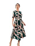 WDIRARA Women's Printed Short Sleeve Round Neck Belted Long Dress Elegant Dresses Green and Pink S