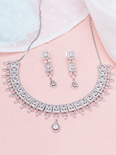 Image of Karatcart Silver Toned American Diamond Studded Jewellery Set for Women