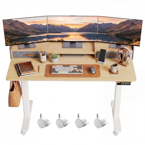 Image of Claiks Standing Desk with Drawers & Wheels, 2 Height Shelf 48 inch Natural