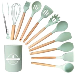 Kitchen Utensil Set, 12 PCS Silicone Cooking Utensils Set with Wooden Handle, Heat Resistant, Nonstick Cookware Tongs Spatula Spoon Set, Dishwasher Safe, Best Kitchen Tools (Green)