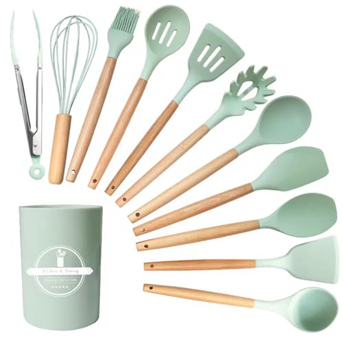 GJIE Kitchen Utensil Set 12 PCS Silicone Cooking Utensils Set with Wooden Handle Heat Resistant Nonstick Cookware Tongs Spatula Spoon Set Dishwasher Safe Best Kitchen Tools (Green)