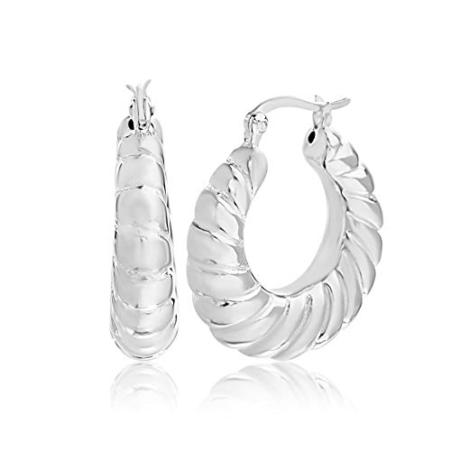 Willowbird Sterling Silver 30mm Shrimp Style Swirl Textured Silver Hoop Earrings for Women