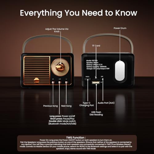 Image of Walta Elite Retro Portable Bluetooth Speaker, Vintage Design Black, 10W, Illuminated Volume Knob, TWS Mode, BT 5.4, USB /AUX /TF, Type-C Charging, up to 5Hrs Playtime with Carry Strap