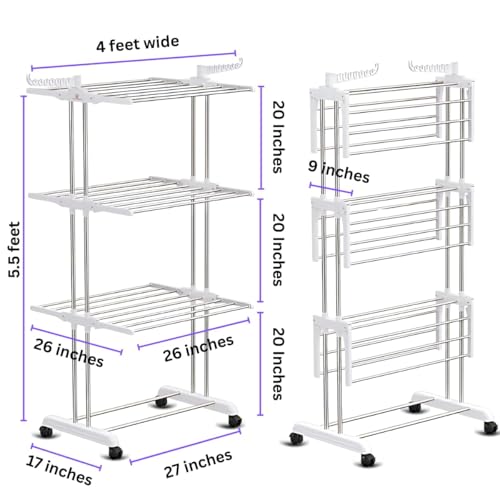 Image of H Houseware Foldable Clothes Drying Stand | 3-Tier Stainless Steel Heavy-Duty Clothes Dryer with Wheels & Hanger Slots | Rust-Proof for Indoor & Outdoor Balcony Use (121.9 x 68.6 x 167.6 cm)