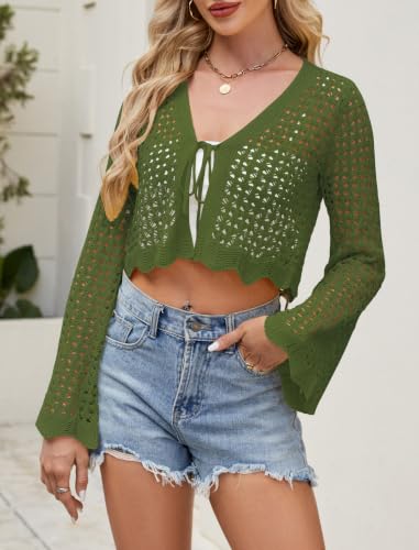 Image of Women's Crochet Tie Front Cardigan Cropped Knit Bolero Shrug Bell Sleeve