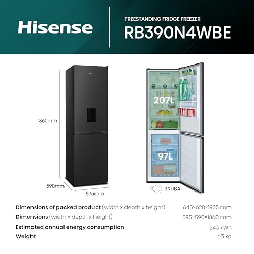 Hisense RB390N4WBE 60cm Freestanding 60/40 Fridge Freezer - 304 litre capacity - Total No Frost - Non-plumbed Water Dispenser - Black - F Rated, H186 x W59.5 x D59.0