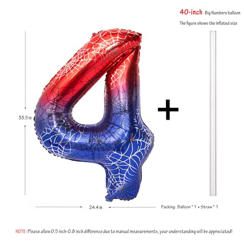 Image of 40 In Red And Blue Spider Theme Large Number 4 Balloon | Giant Large Helium Foil Balloon for Boy or Girl 4 th Birthday Wedding Anniversary Baby Shower Party Decorations