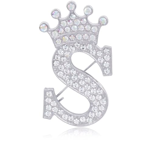 Image of Initial Letter Brooch Pins with Crown for Women Girls Men Boys Personalized Name Brooches Crafts Colorful Rhinestone Brooch Pins Silver A-Z