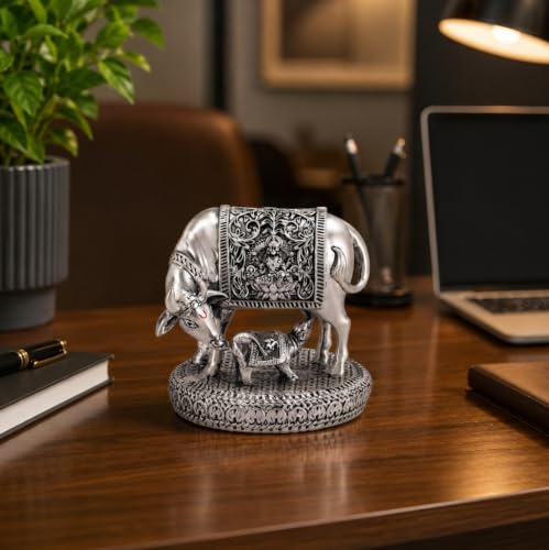 Image of Gold Art India Kamdhenu Cow with Calf Idol | 999 Silver Plated | Antique Matte Finish | Premium Peacock Green Velvet Gift Box | Sacred Gau MATA Vastu Idol for Home Temple, Office & Spiritual Gifting
