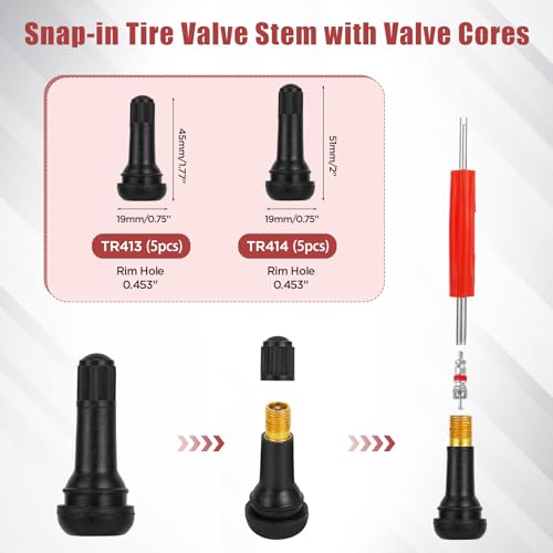 Image of Quick Change Tire Valve Tool Kit, Valve Stem Core Removal Tool Set for Replacing Leaky Valves for Cars,Trucks,Motorcycles, etc.with 4PCS TR413 and TR414 Valve Stems (Black)
