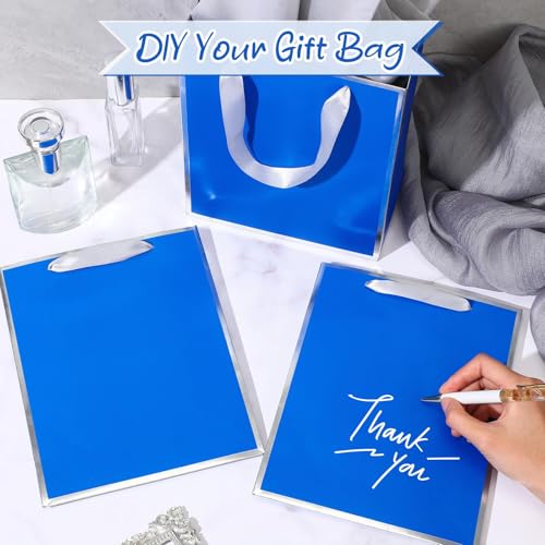 Image of Yeaqee 24 Pack Metallic Paper Gift Bags, Royal Blue,Silver | with Satin Ribbon Handle and Tissue, 9x7x3.1 Inch, Suit Business, Birthday, Christmas, Thank You Return Gifts Bags