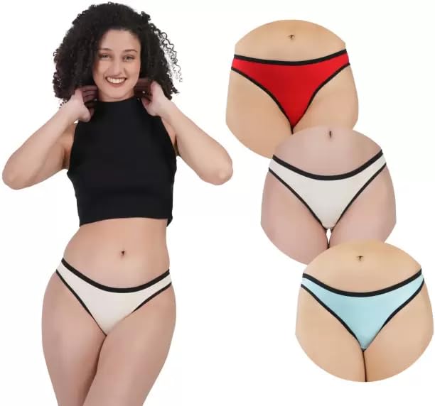 Women's Cotton Bikini Panties, Pack of 3, Pink and White with Black Trim, Classic Style