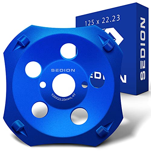 SEDION® Meule diamantée PCD 125mm x 22.23 - Meule diamantée 4 segments de qualité supérieure - Plateau de ponçage agressif & rapide - Meule boisseau à haut rendement d'enlèvement de matière Cover