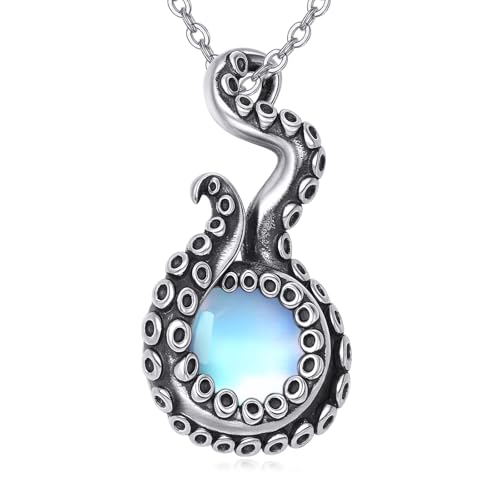 Collier pieuvre argent 925 et pierre de lune, symbole d'intuition