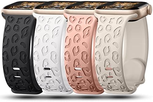 CreateGreat Engraved Bands Compatible with Apple Watch Band 41mm 40mm 38mm, Leopard Carve Pattern Soft Silicone Strap Compatible with iWatch Series 8 7 6 5 4 3 2 1 SE, Women Men,Leopard.4PCS-A