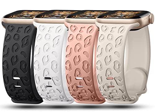 4Pack Leopard Engraved Bands Compatible with Apple Watch Band for women 40mm 41mm 38mm Soft Silicone Cheetah Sport Strap for iWatch Series 10 9 8 7 6 5 4 3 2 1 SE Ultra/Ultra 2-4PCS-A