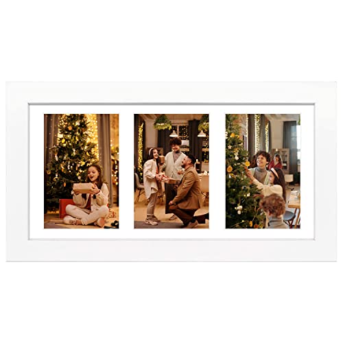 Golden State Art, 7x14 White Photo Wood Collage Frame, for (3) 4x6 Pictures, with White Mat & Real Glass