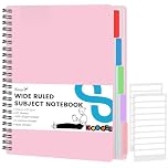 Koogel Pink Spiral Notebook 5 Subject with Tabs, 200 Pages College Ruled Perforated & 3-Hole Punched, 26.8 x 19.5 cm Hardcover Journal for School & Office