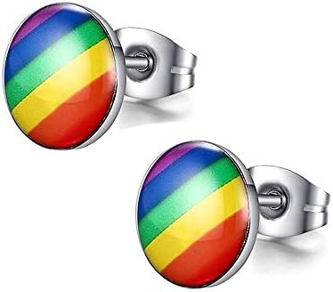 Stainless Steel Rainbow Striped Round Dot Stud Earrings for Men Women, Gay and Lesbian LGBT Pride Jewelry Earrings